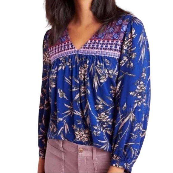 Anthropologie Tops - Anthropologie boho embroidered loose fit blouse size S excellent condition